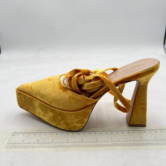 FSJ Yellow Bridal Chunky High Heels Pointed Toe Platform Lace Up Velvet Pumps - Picture 1 of 7